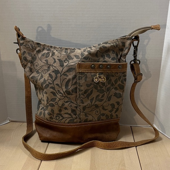 Myra Bag Handbags - Myra Bag S-1305 Crossbody Leaf Print Canvas Bag w/ Leather Trim & Gold Bike Pin
